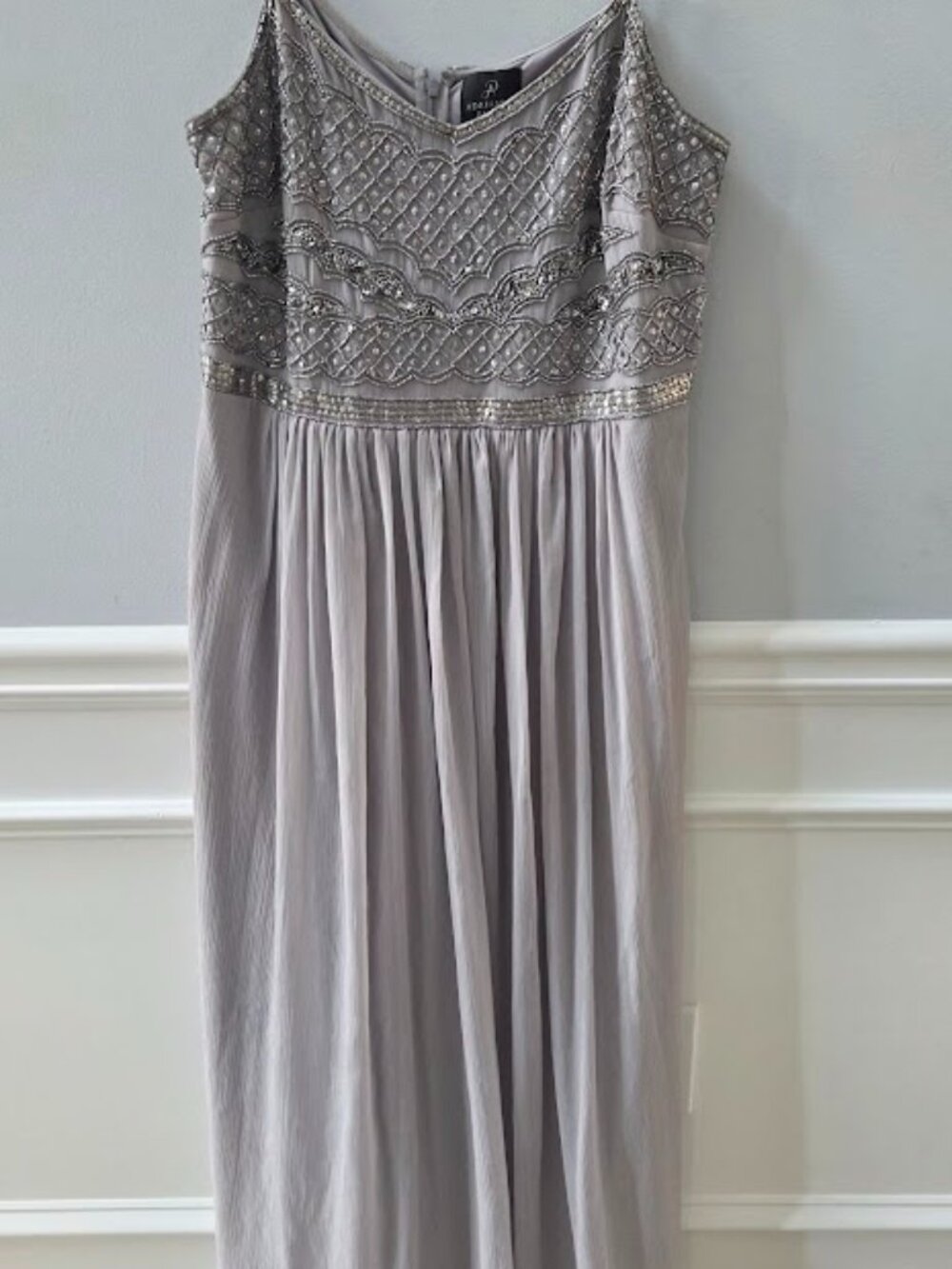 Adrianna Papell Beaded Soft Grey Maxi Formal Dress